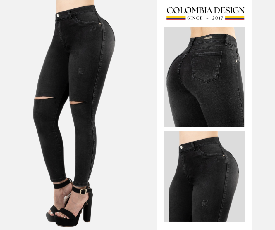 Jean Skinny, bolsillos traseros, color Negro, con desgastes modernos y roto en las rodillas. Ref 112.