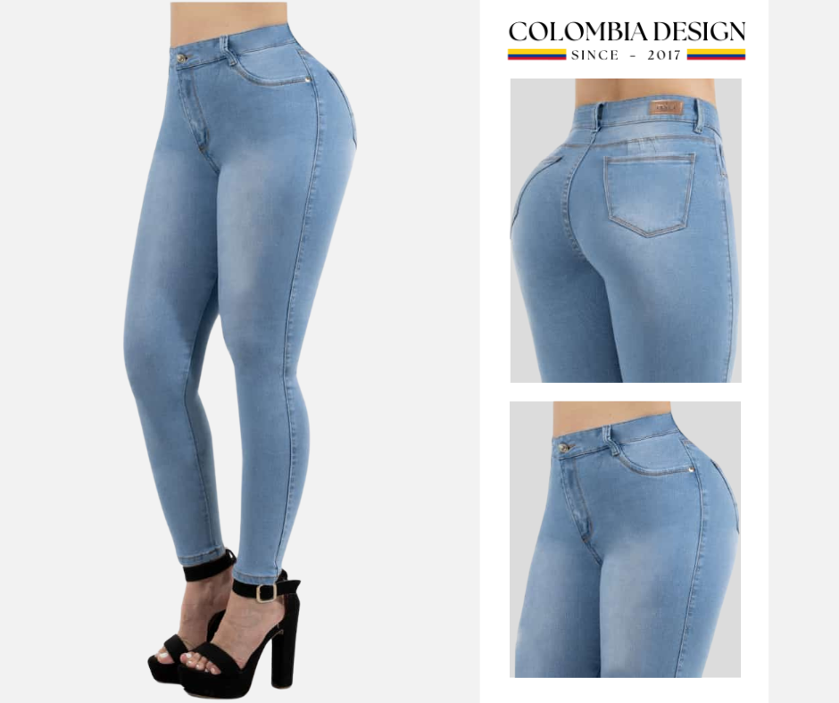 Jean Skinny, tiro alto, levanta cola, bolsillos traseros, color Azul claro. Ref 22.