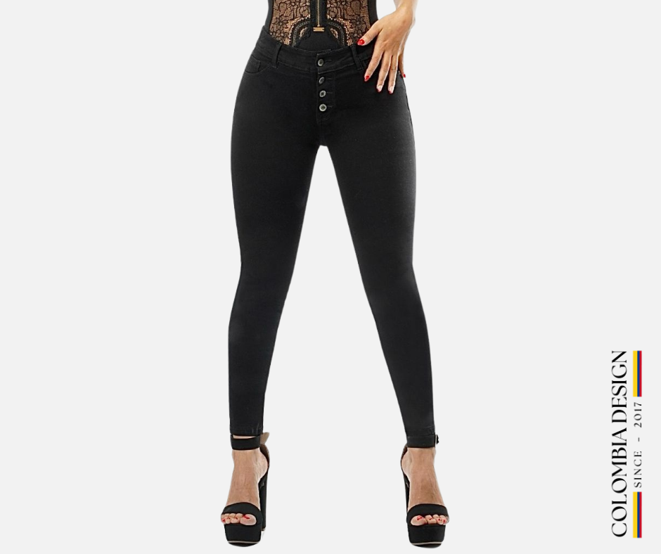 Jean Skinny, tiro alto, con bolsillos traseros, color Negro. Ref 45.