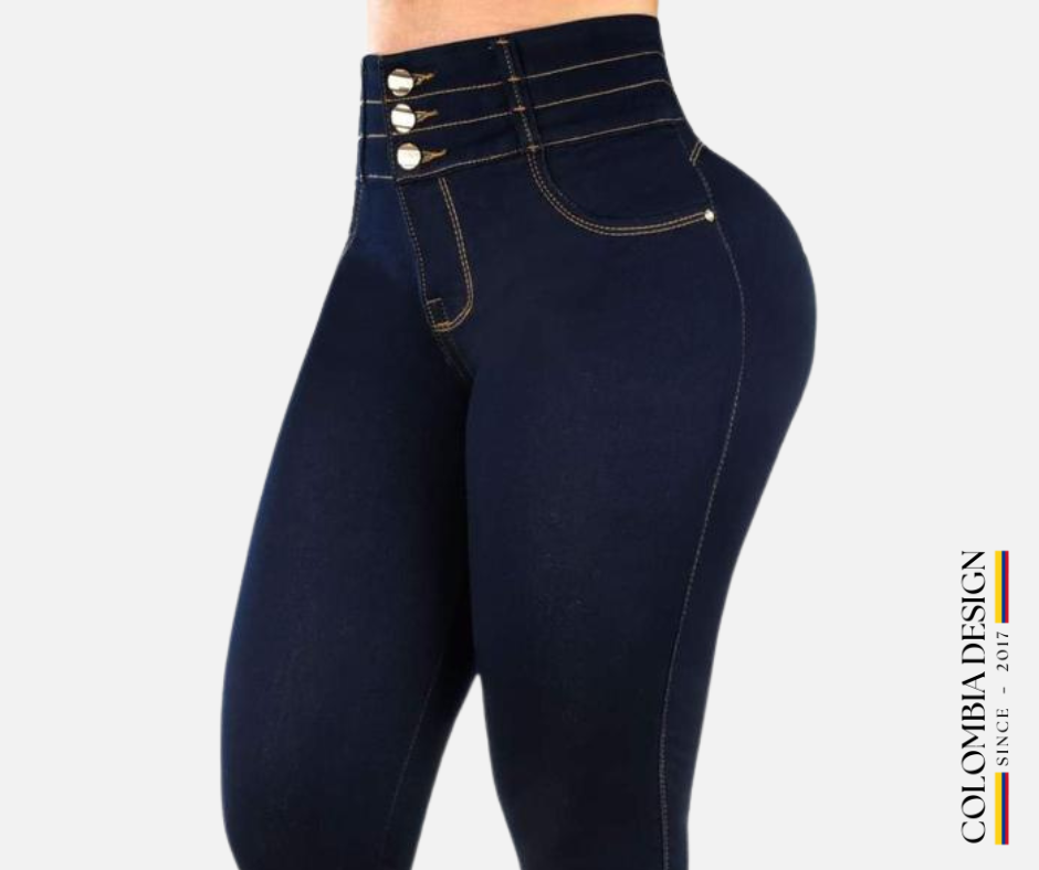 Jean Skinny levanta Cola, Tiro alto, 3 botones, color Azul Petroleo. Ref 60.