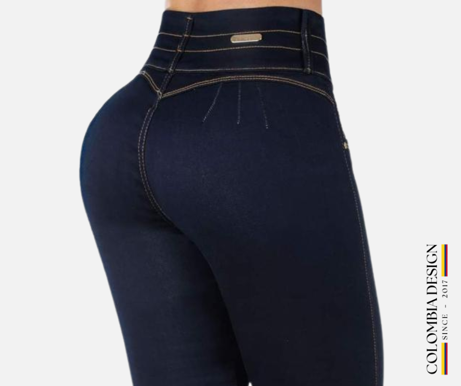 Jean Skinny levanta Cola, Tiro alto, 3 botones, color Azul Petroleo. Ref 60.