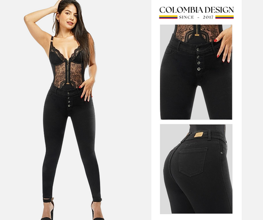 Jean Skinny, tiro alto, con bolsillos traseros, color Negro. Ref 45.