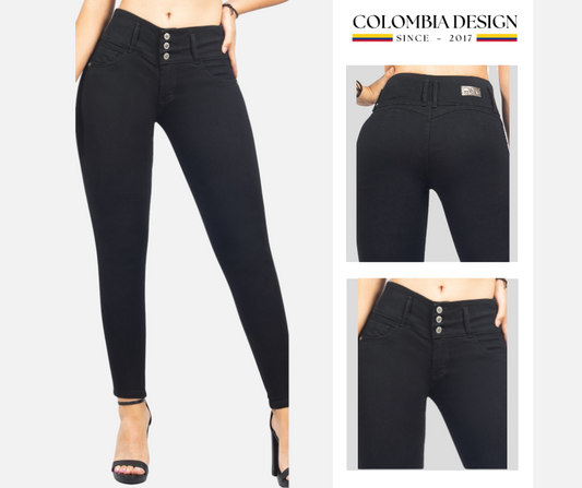 Jean Skinny, tiro alto, levanta cola, 3 botones, color negro. Ref 50.