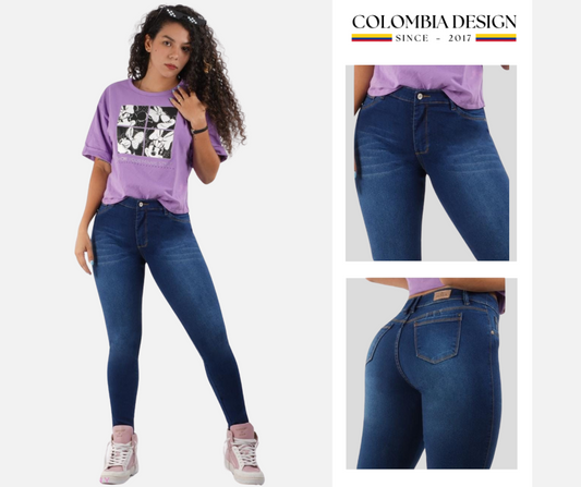 Jean Skinny, tiro alto, levanta cola, bolsillos traseros, color Azul. Ref 61.